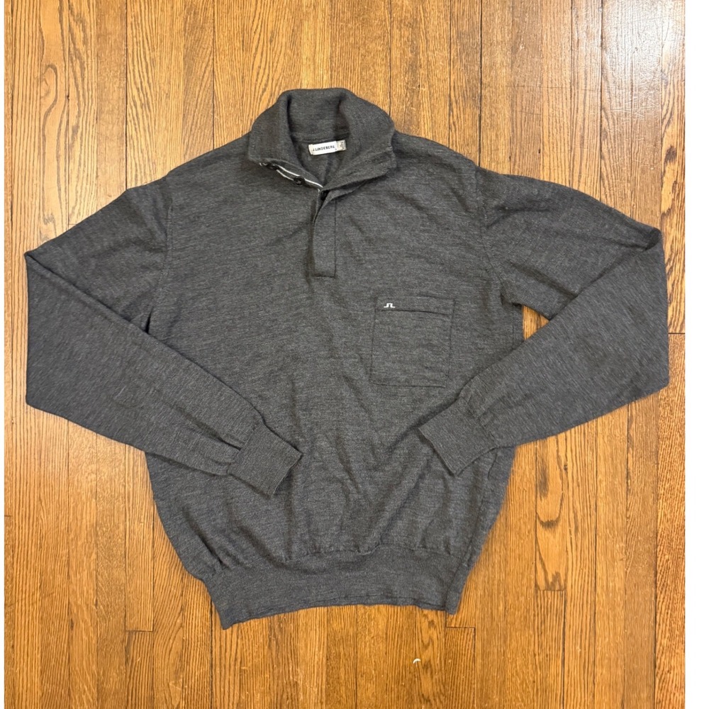 J.Lindeberg Mens XL Grey Button Mock Neck Sweater Chest Pocket Long Sleeve Logo